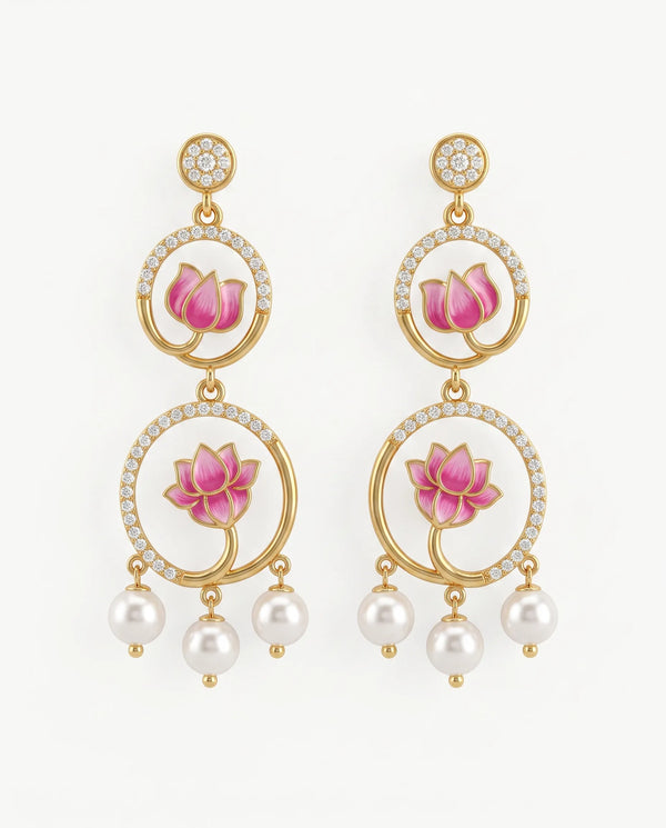 Pink Enamel Two-Tier Lotus Ring Pearl Drop Earrings