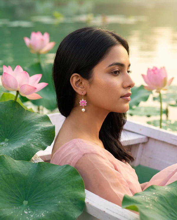 Pink Enamel Lotus CZ Pearl Drop Hook Earrings
