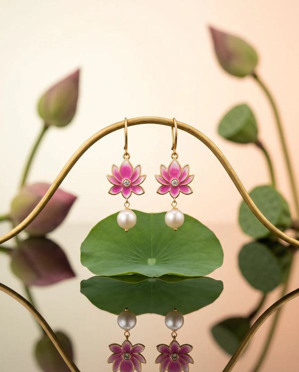 Pink Enamel Lotus CZ Pearl Drop Hook Earrings