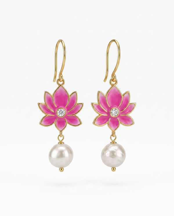 Pink Enamel Lotus CZ Pearl Drop Hook Earrings
