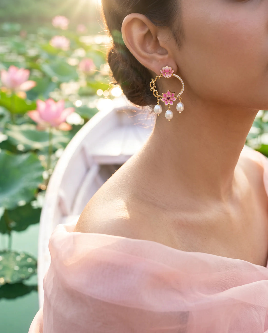 Pink Enamel Dual Lotus Hoop Chandbali Pearl Earrings