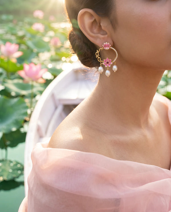 Pink Enamel Dual Lotus Hoop Chandbali Pearl Earrings