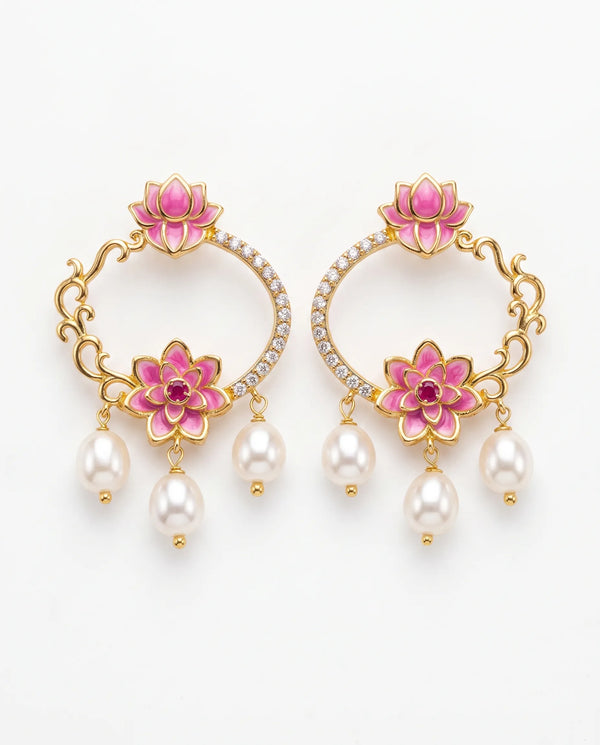 Pink Enamel Dual Lotus Hoop Chandbali Pearl Earrings