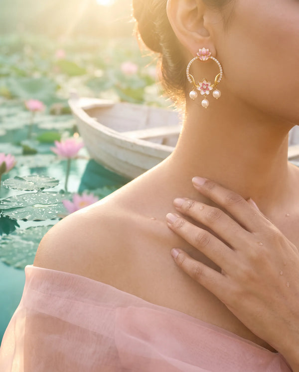 Pink Enamel Lotus CZ Pave Circle Pearl Statement Earrings