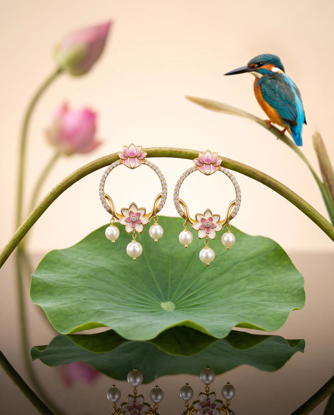 Pink Enamel Lotus CZ Pave Circle Pearl Statement Earrings