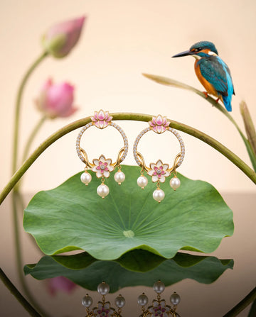 Pink Enamel Lotus CZ Pave Circle Pearl Statement Earrings