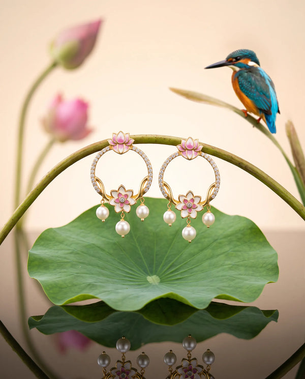 Pink Enamel Lotus CZ Pave Circle Pearl Statement Earrings