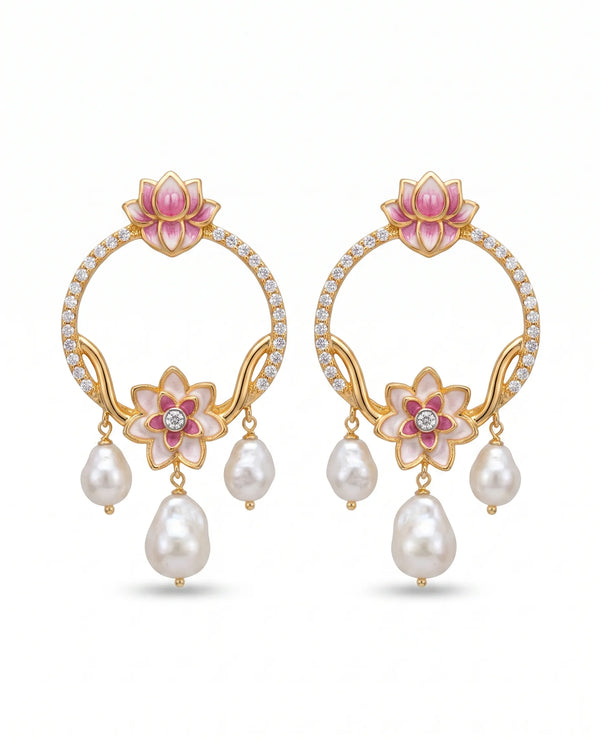 Pink Enamel Lotus CZ Pave Circle Pearl Statement Earrings