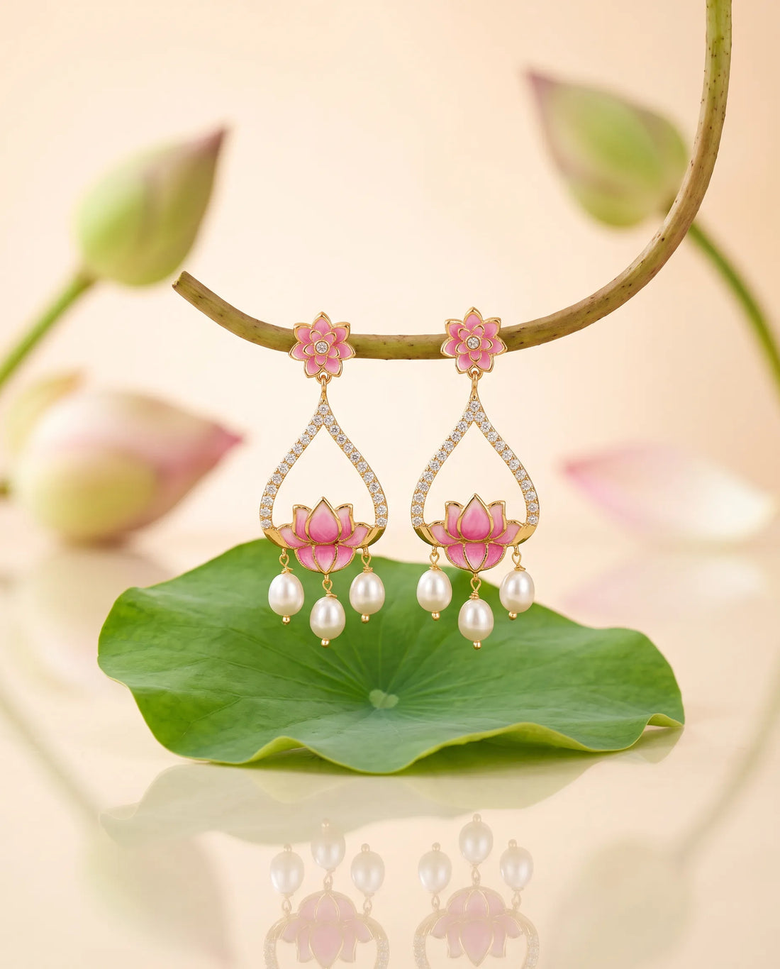 Pink Enamel Lotus Teardrop CZ Pave Pearl Statement Earrings