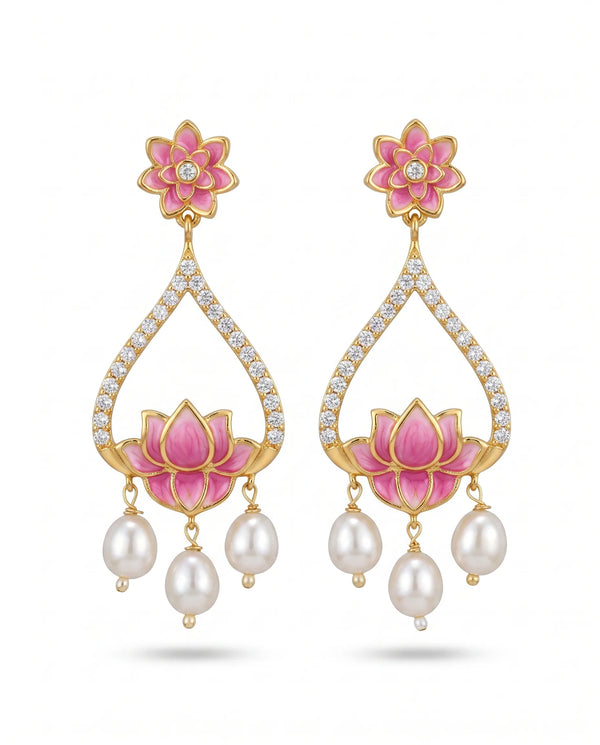 Pink Enamel Lotus Teardrop CZ Pave Pearl Statement Earrings