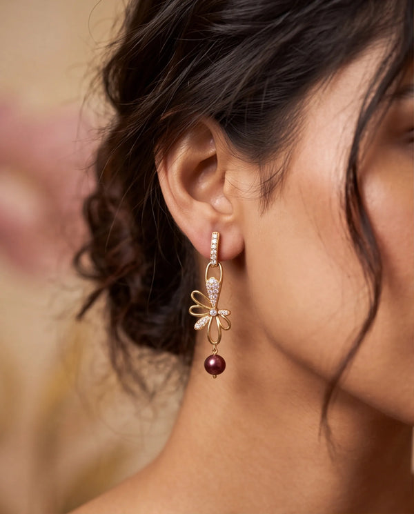 Golden  Bow Earrings with Burgundy Pearl Drop