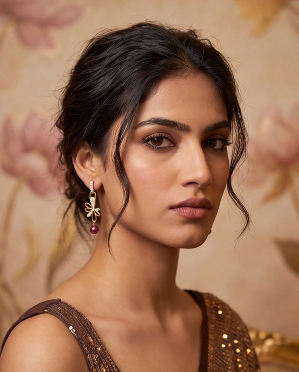 Golden  Bow Earrings with Burgundy Pearl Drop