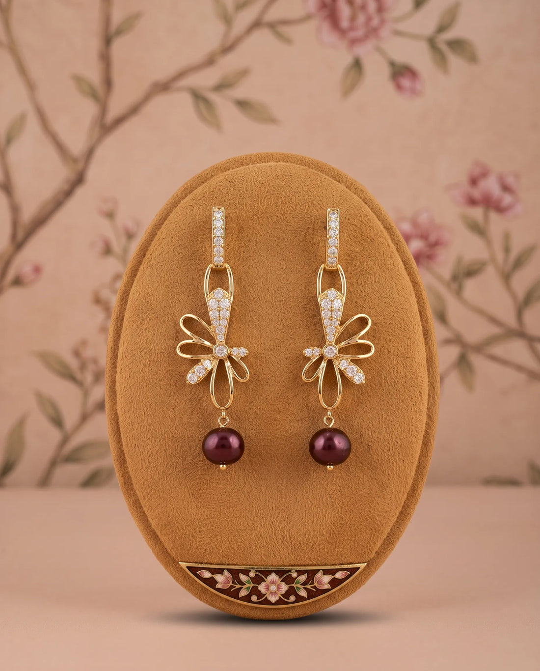 Golden  Bow Earrings with Burgundy Pearl Drop
