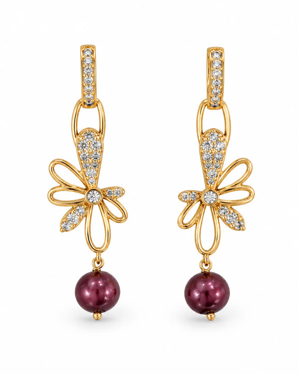 Golden  Bow Earrings with Burgundy Pearl Drop
