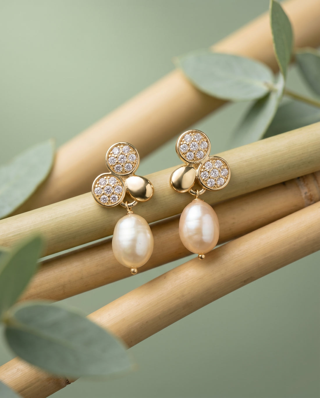 Gold Plated Cluster CZ and Peach Pearl Drop Earrings