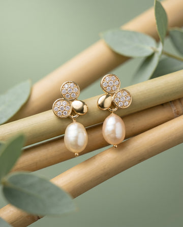 Gold Plated Cluster CZ and Peach Pearl Drop Earrings