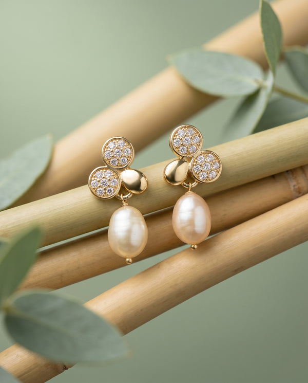 Gold Plated Cluster CZ and Peach Pearl Drop Earrings