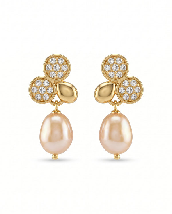Gold Plated Cluster CZ and Peach Pearl Drop Earrings