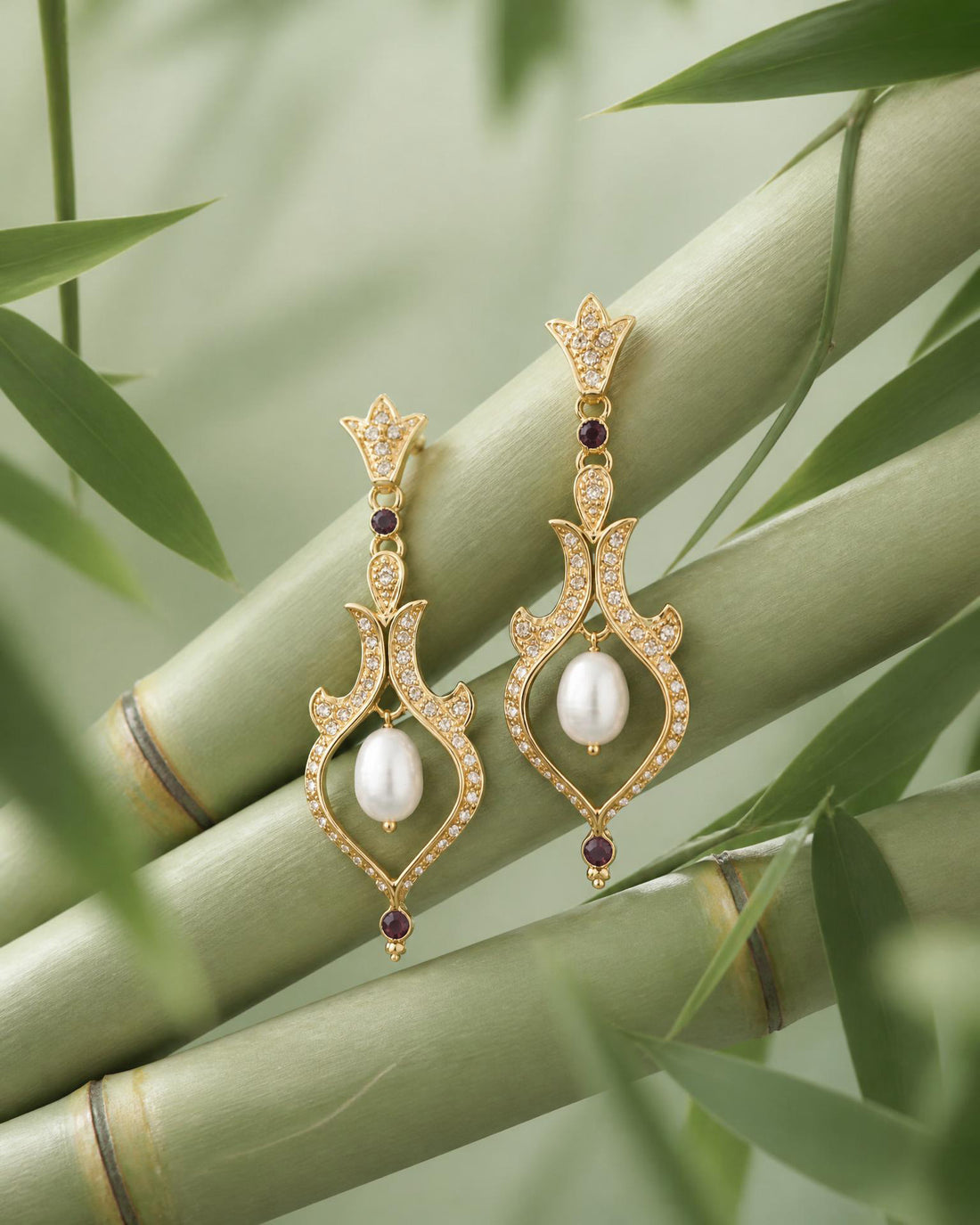 Gold Plated Vintage Pearl and Ruby Accent Chandelier Earrings
