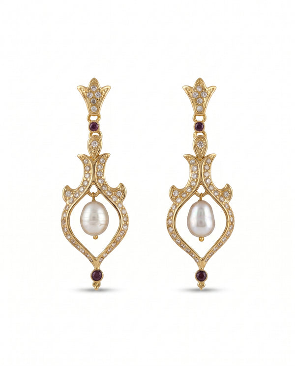 Gold Plated Vintage Pearl and Ruby Accent Chandelier Earrings