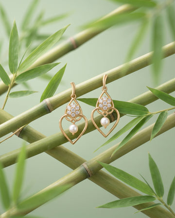 Gold Plated CZ Floral and Heart Frame Pink Pearl Drop Earrings