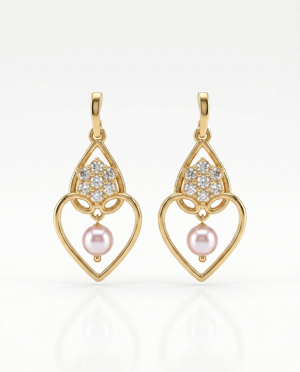 Gold Plated CZ Floral and Heart Frame Pink Pearl Drop Earrings