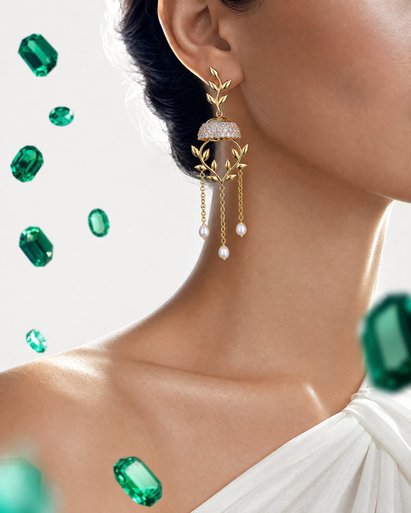 Modern Nature-Inspired Laurel Leaf & Pavé CZ Pearl Tassel Jhumka Earrings