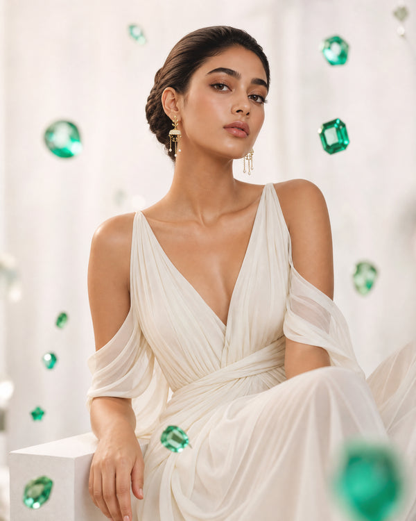 Modern Nature-Inspired Laurel Leaf & Pavé CZ Pearl Tassel Jhumka Earrings