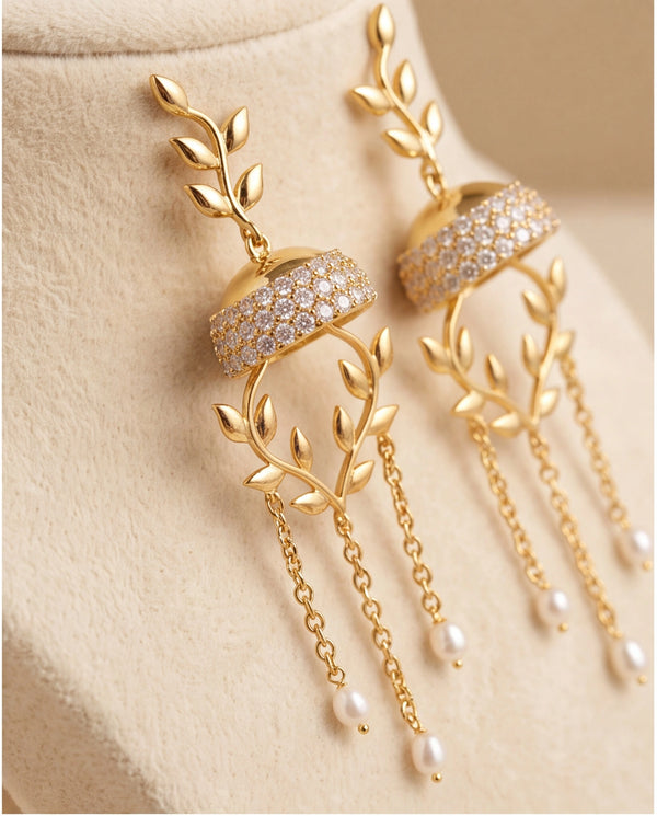 Modern Nature-Inspired Laurel Leaf & Pavé CZ Pearl Tassel Jhumka Earrings