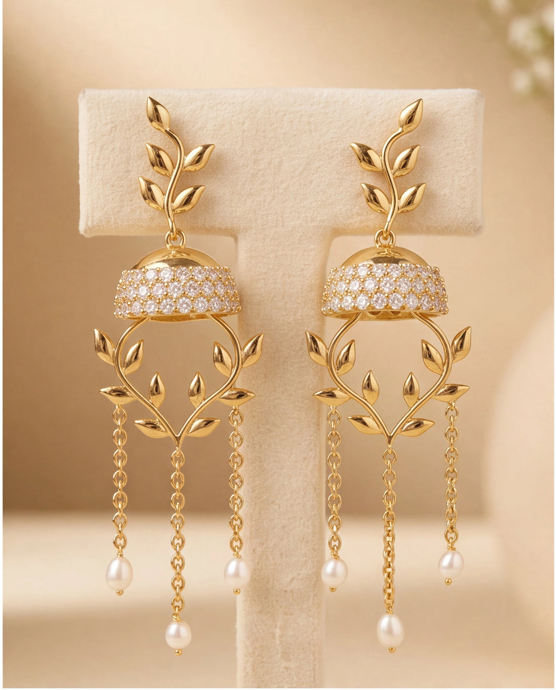 Modern Nature-Inspired Laurel Leaf & Pavé CZ Pearl Tassel Jhumka Earrings