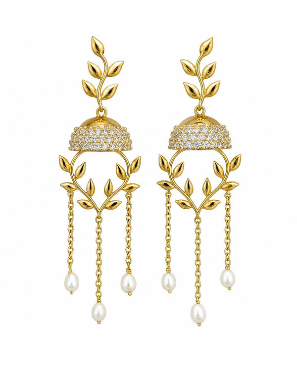 Modern Nature-Inspired Laurel Leaf & Pavé CZ Pearl Tassel Jhumka Earrings