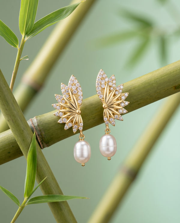 Gold Plated Leaf Wing CZ Pearl Drop Earring