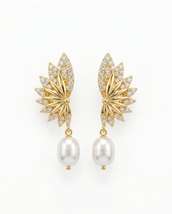 Gold Plated Leaf Wing CZ Pearl Drop Earring