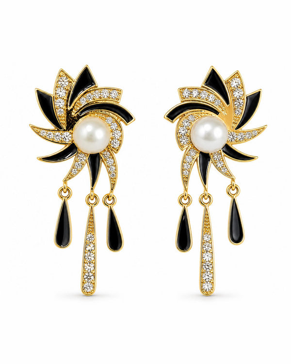 Art Deco Black Enamel & Pearl Drop Earrings