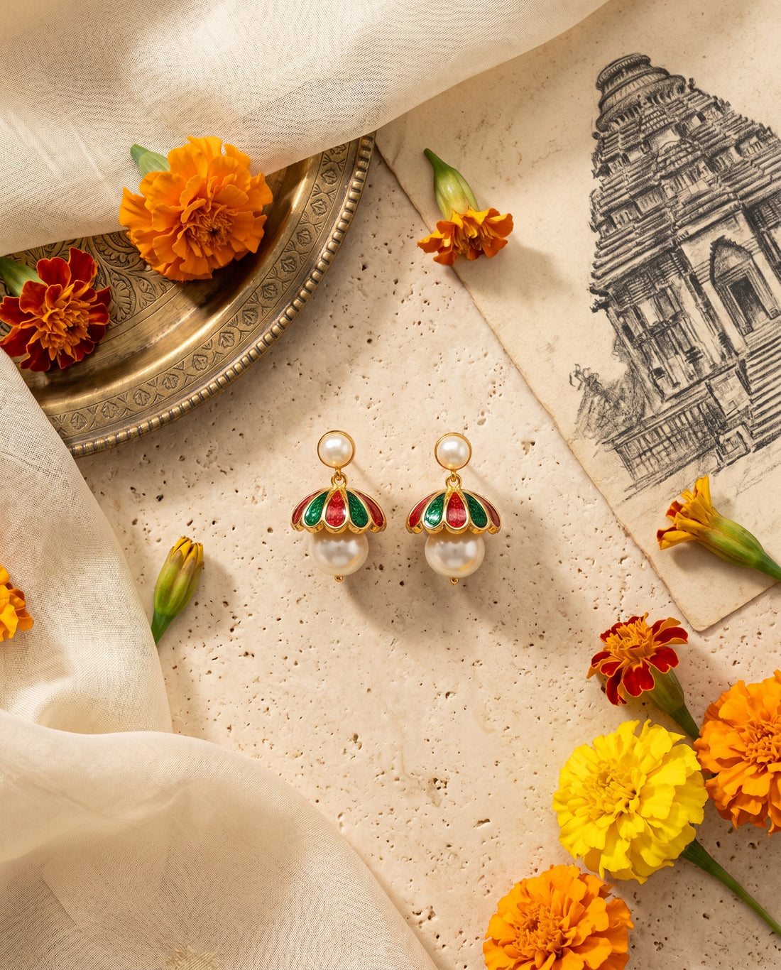 Festive Meenakari Pearl Drop Jhumka-Style Earrings