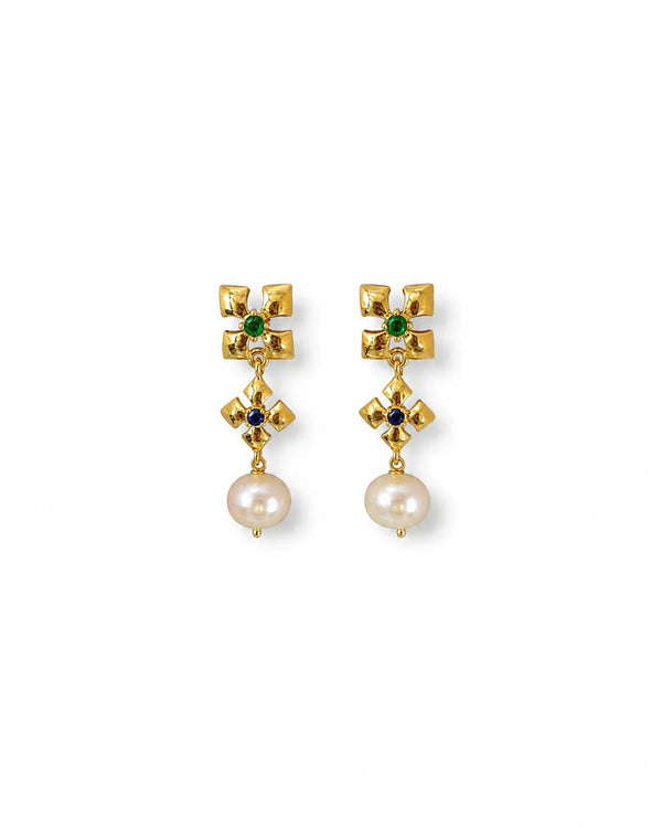 Emerald & Sapphire Floral Cross Pearl Dangle Earrings