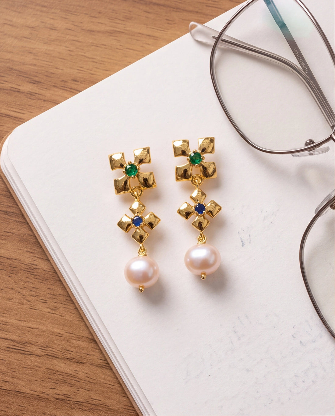 Emerald & Sapphire Floral Cross Pearl Dangle Earrings