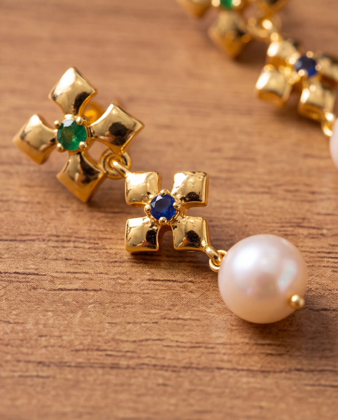 Emerald & Sapphire Floral Cross Pearl Dangle Earrings