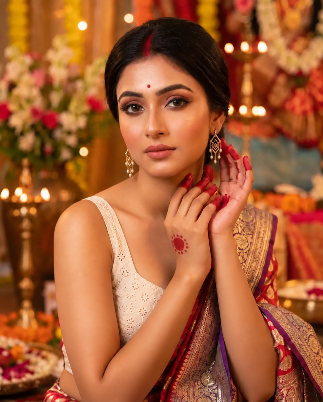 Gold-Tone Geometric Diamond-Frame Pearl Chandelier Earrings