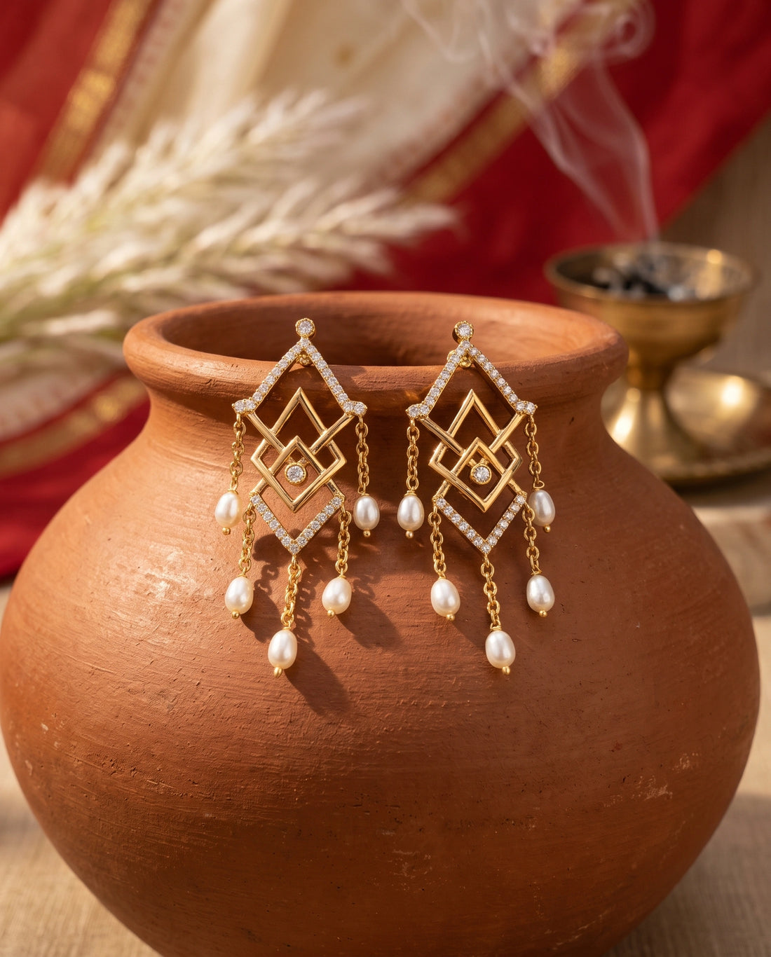 Gold-Tone Geometric Diamond-Frame Pearl Chandelier Earrings