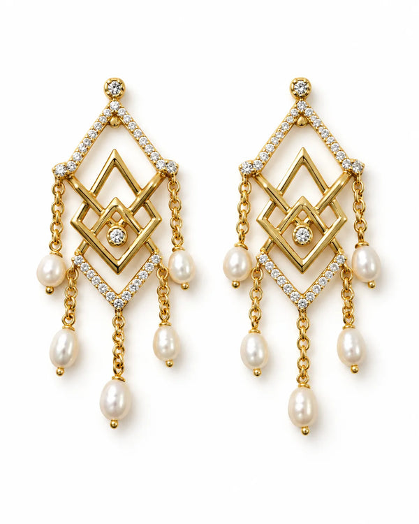 Gold-Tone Geometric Diamond-Frame Pearl Chandelier Earrings