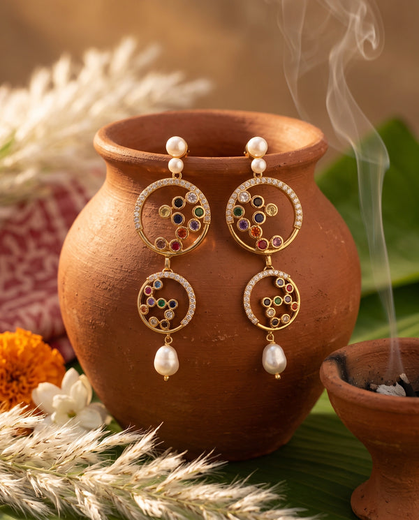 Gold-Tone Tiered Circle Drop Pearl Earrings with Multicolour CZ