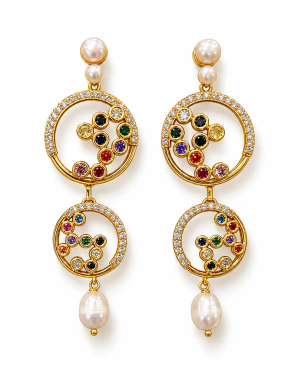 Gold-Tone Tiered Circle Drop Pearl Earrings with Multicolour CZ