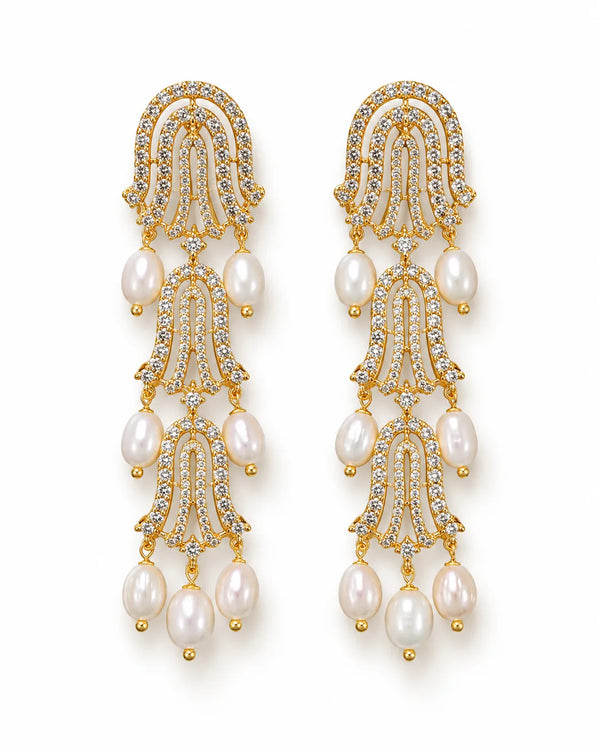 Gold-Tone CZ Tiered Arch Pearl Chandelier Earrings