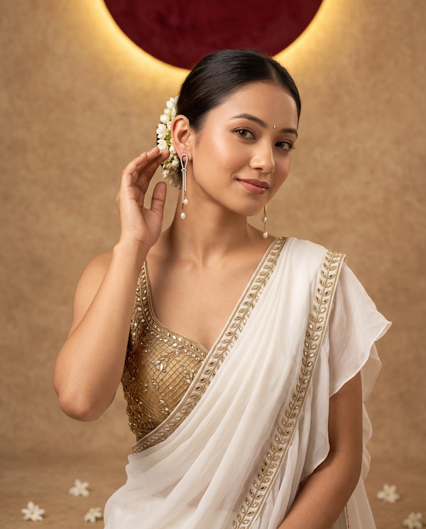 Gold-Tone CZ Pave Knot & Dual Freshwater Pearl Drop Linear Earrings