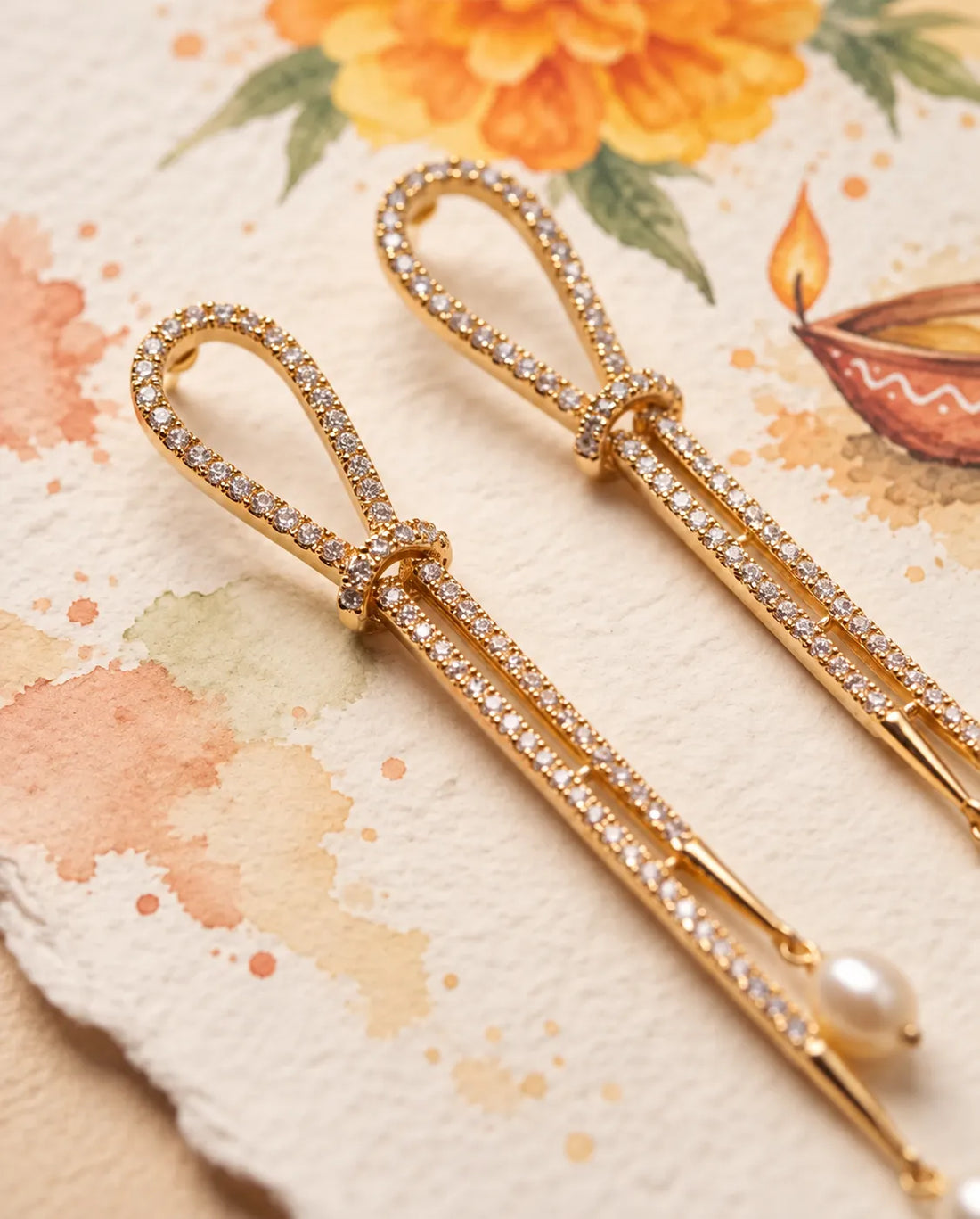 Gold-Tone CZ Pave Knot & Dual Freshwater Pearl Drop Linear Earrings