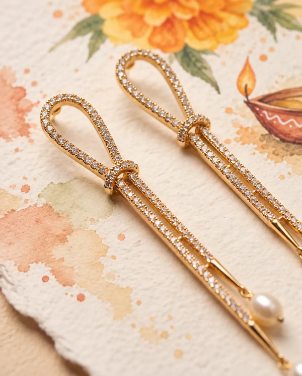 Gold-Tone CZ Pave Knot & Dual Freshwater Pearl Drop Linear Earrings