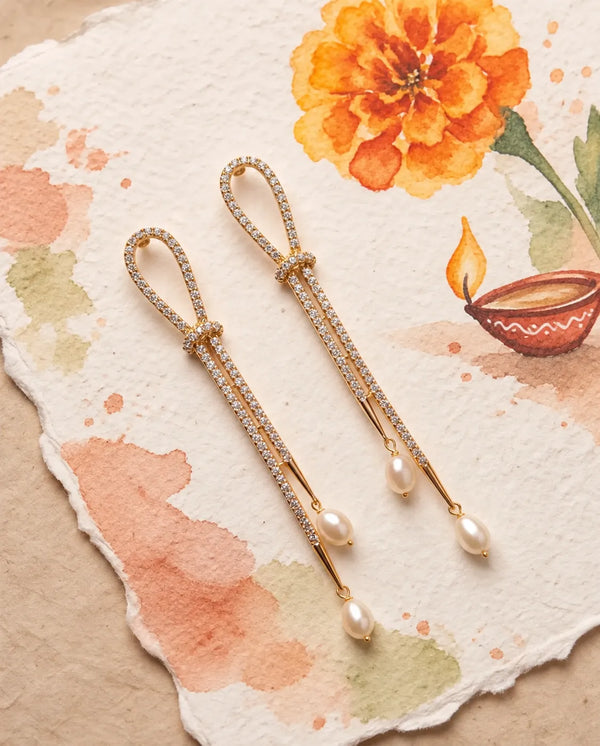 Gold-Tone CZ Pave Knot & Dual Freshwater Pearl Drop Linear Earrings