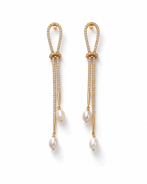 Gold-Tone CZ Pave Knot & Dual Freshwater Pearl Drop Linear Earrings
