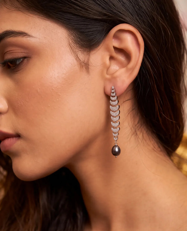 Silver-Tone Articulated Crescent Linear Drop Pearl Earrings